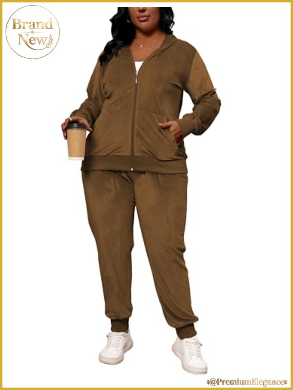 Plus Size Velour Two Piece Sweatsuit Zip Hoodie & Sweatpants Loungewear